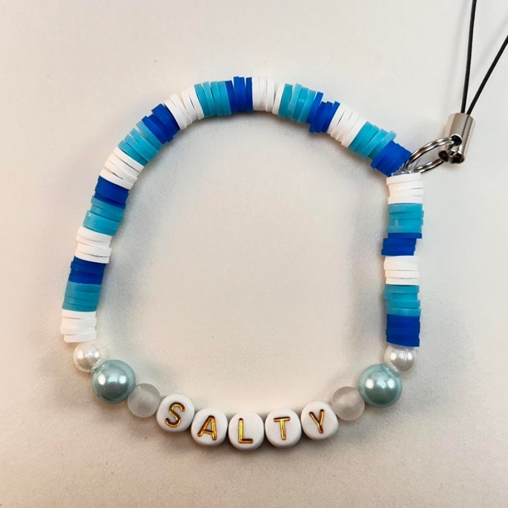 Colorful Heishi Phone Charm | Beachy Summer, Handmade, Spells out "Salty"